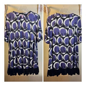 H&M Purple Black Geometric Print Dress Bubble Sleeves Velvet Ruffle Hem Sz 4